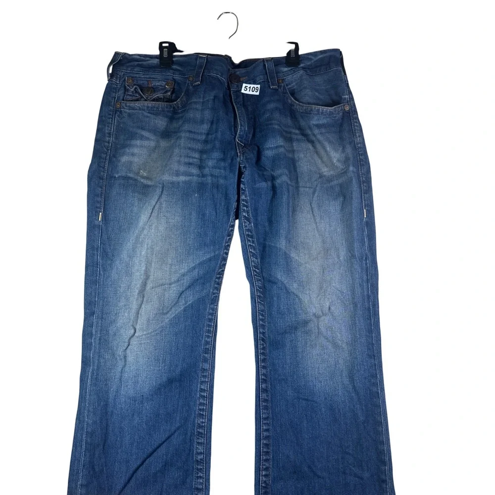 True Religion Straight Leg Jeans Mens 42 Blue Thick Stitch Flap Pocket Leather